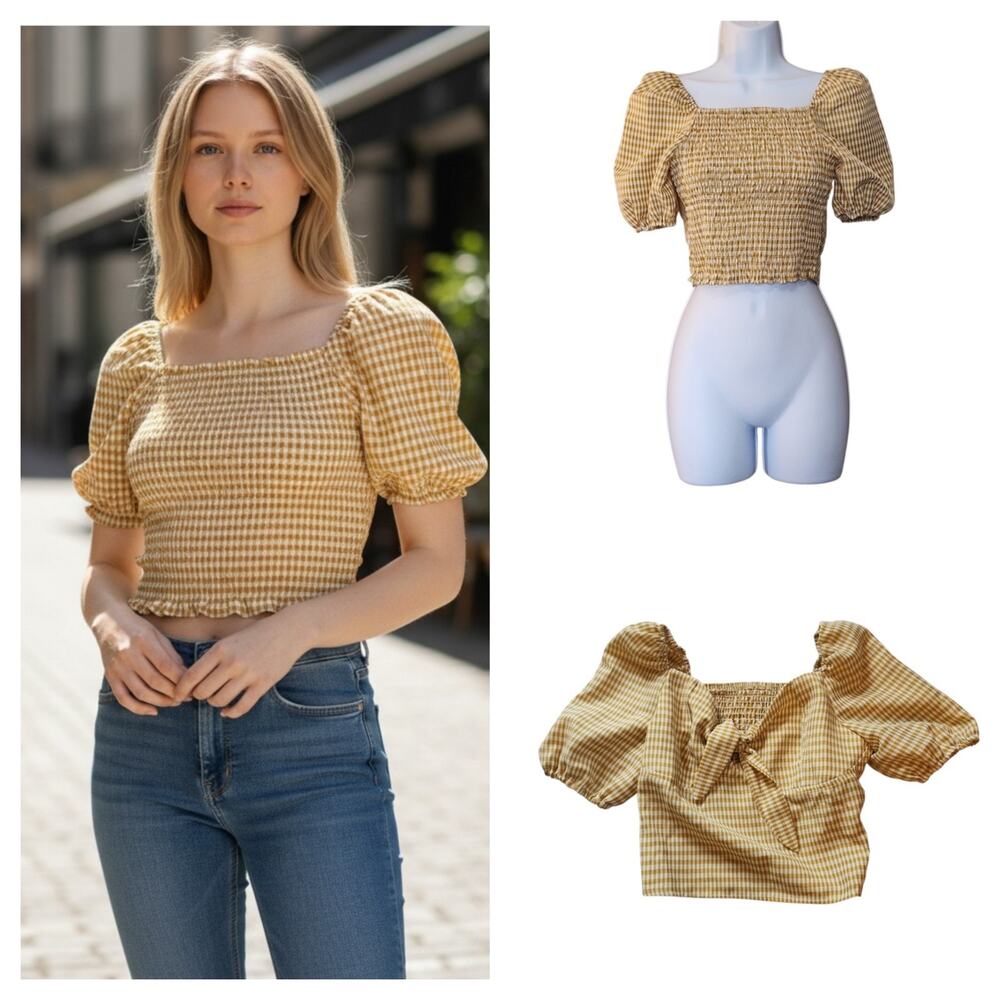 Romwe Womens Crop Top Size S Mustard Yellow Elastic Crinkle Front Tie Back